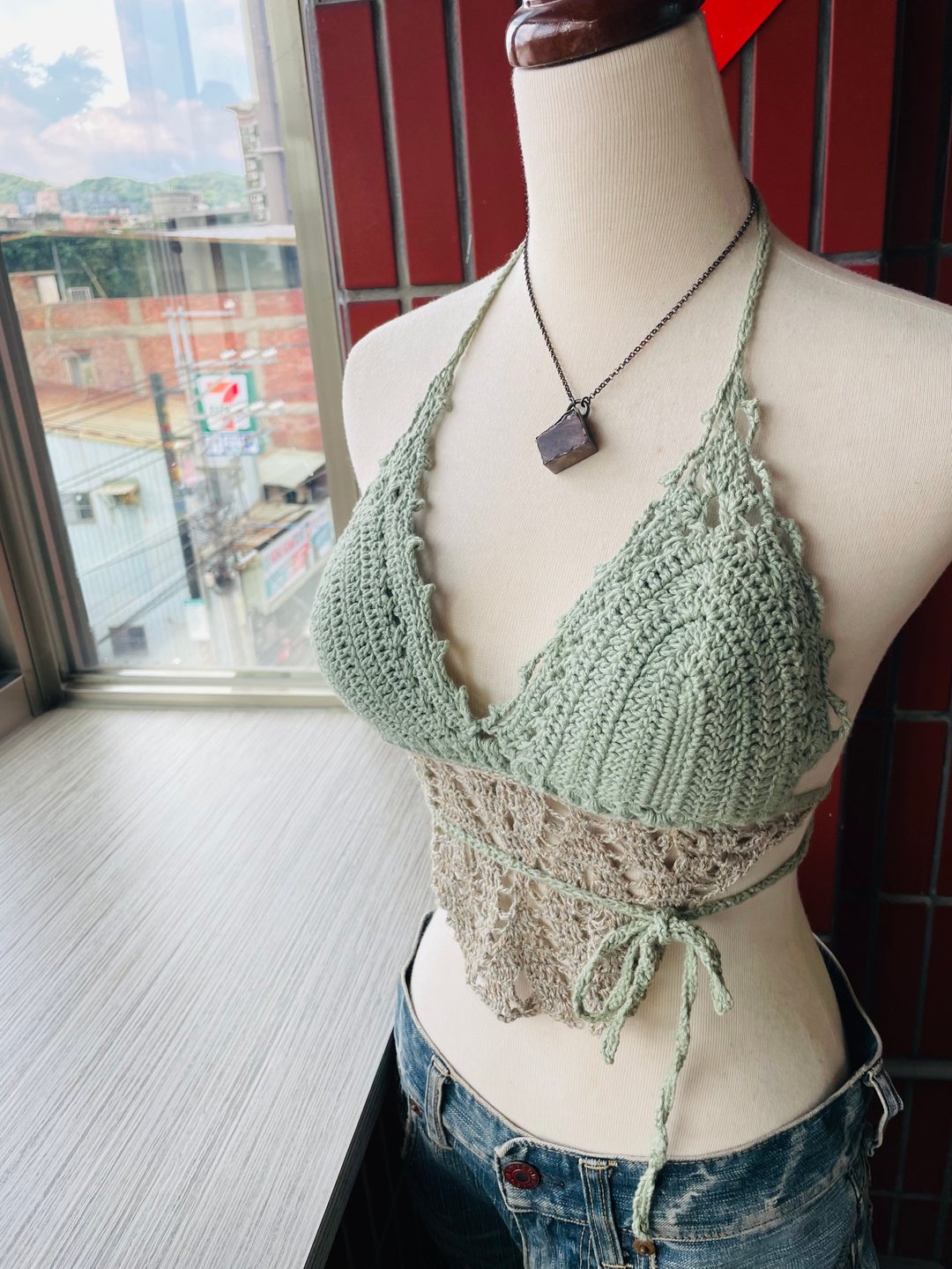 革物制织丨手织比基尼_荷绿森林_有机棉遇上日本亚麻 - 女装背心 - 棉 