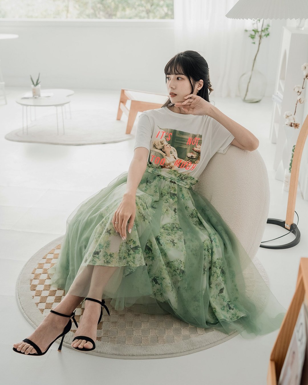 【LADY】双层印花 瀑布纱裙 两穿小洋装 长裙 岚山初夏 - 裙子 - 棉 绿色
