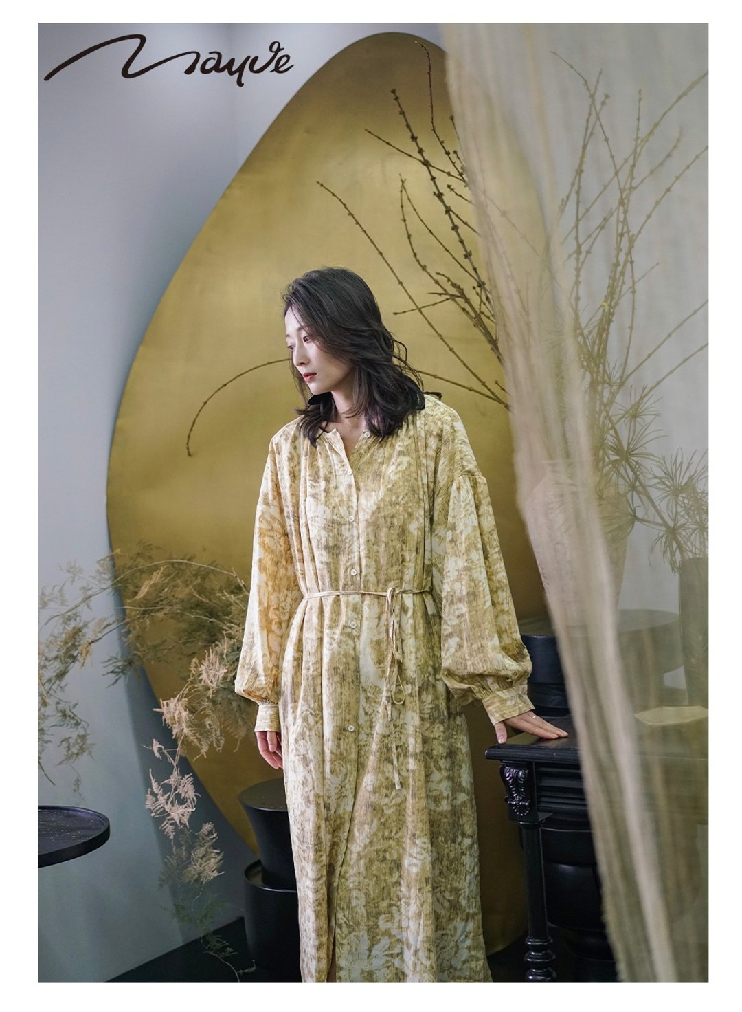 Mauve Studio气质温柔长裙新款显白黄色扎染印花宽松连衣裙 - 洋装/连衣裙 - 其他材质 黄色