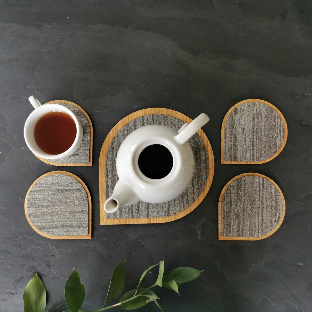 Gray drop shape drink coasters, serving tray, stone veneer and wood coasters set - 杯垫 - 石头 灰色