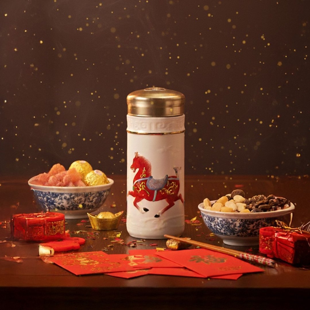 干唐轩活瓷 |  盛世宝马-汉代汗血宝马随身杯 / 大 / 双层 / 白红 - 水瓶/水壶 - 瓷 白色