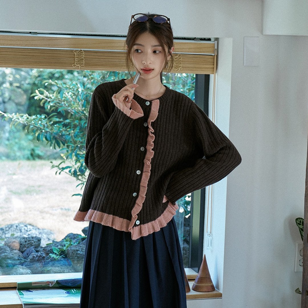 荷叶边针织开衫|针织衫|两色|秋款|Sora-1593 - 女装针织衫/毛衣 - 羊毛 多色