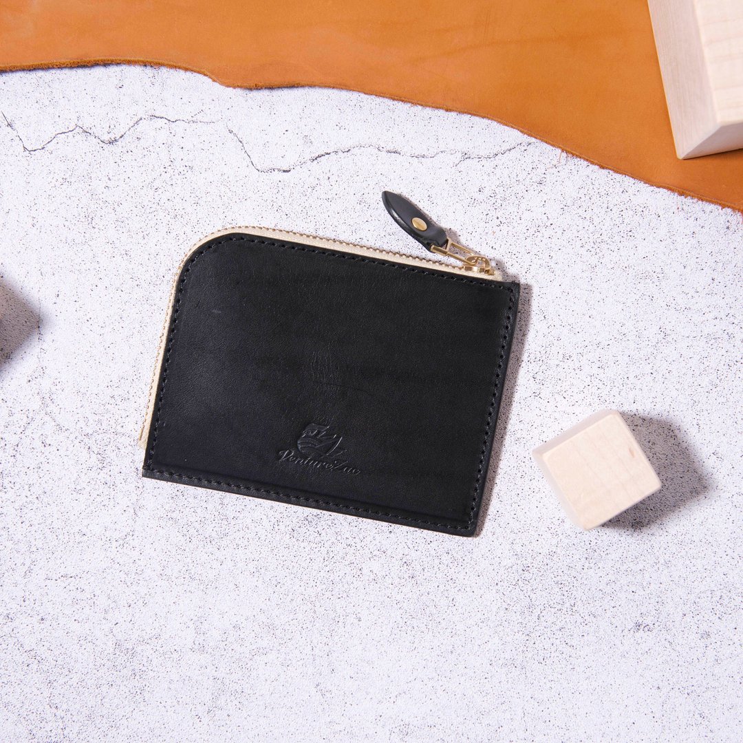 L型拉链零钱包L Zip Coin Wallet / 黑 Black / 免费刻字 - 零钱包 - 真皮 黑色