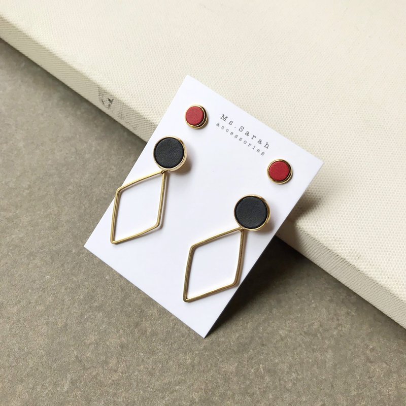 皮革圆框套组_黄铜几何菱_黑(可改夹) - 耳环/耳夹 - 真皮 黑色