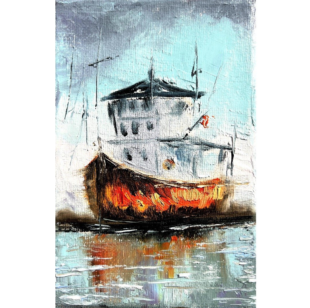 Fishing Boat Painting Original Art Small Artwork 15x10 cm/ 6x4 inch - 海报/装饰画/版画 - 棉 多色