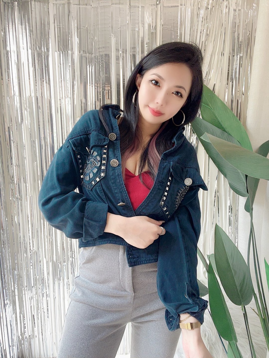 黑海暗蓝卯钉刺绣性格少女 古董棉质丹宁牛仔上衣外套 vintage - 女装休闲/机能外套 - 棉 蓝色