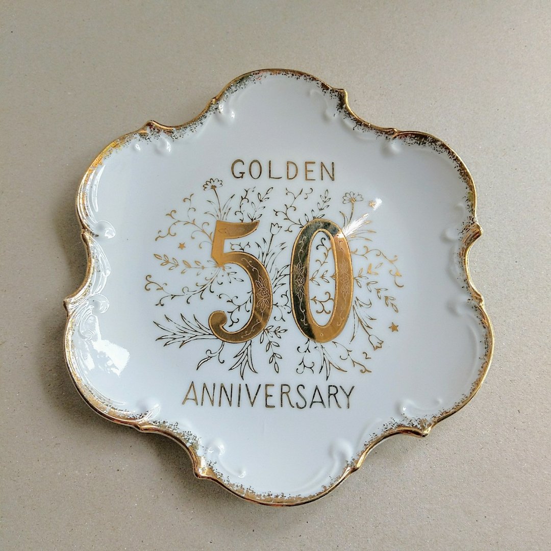 美国古董 | 美式风格 50黄金周年纪念 金边陶瓷盘/壁饰/结婚礼物 - 盘子/餐盘/盘架 - 陶 白色