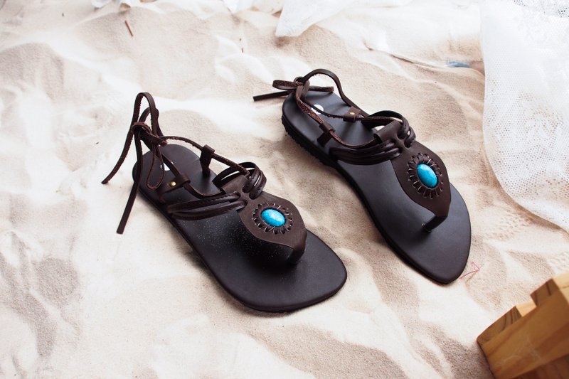 Ethnic Shoe Boho Bohemian Sandal Coachella Summer Shoe gladiator shoes beach - 其他女款皮鞋 - 真皮 咖啡色