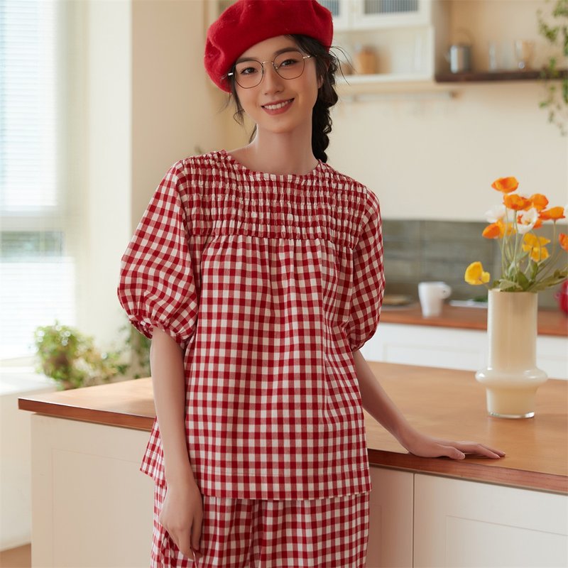 补货到・格纹缩褶刺绣短袖上衣 - 女装上衣 - 棉．麻 