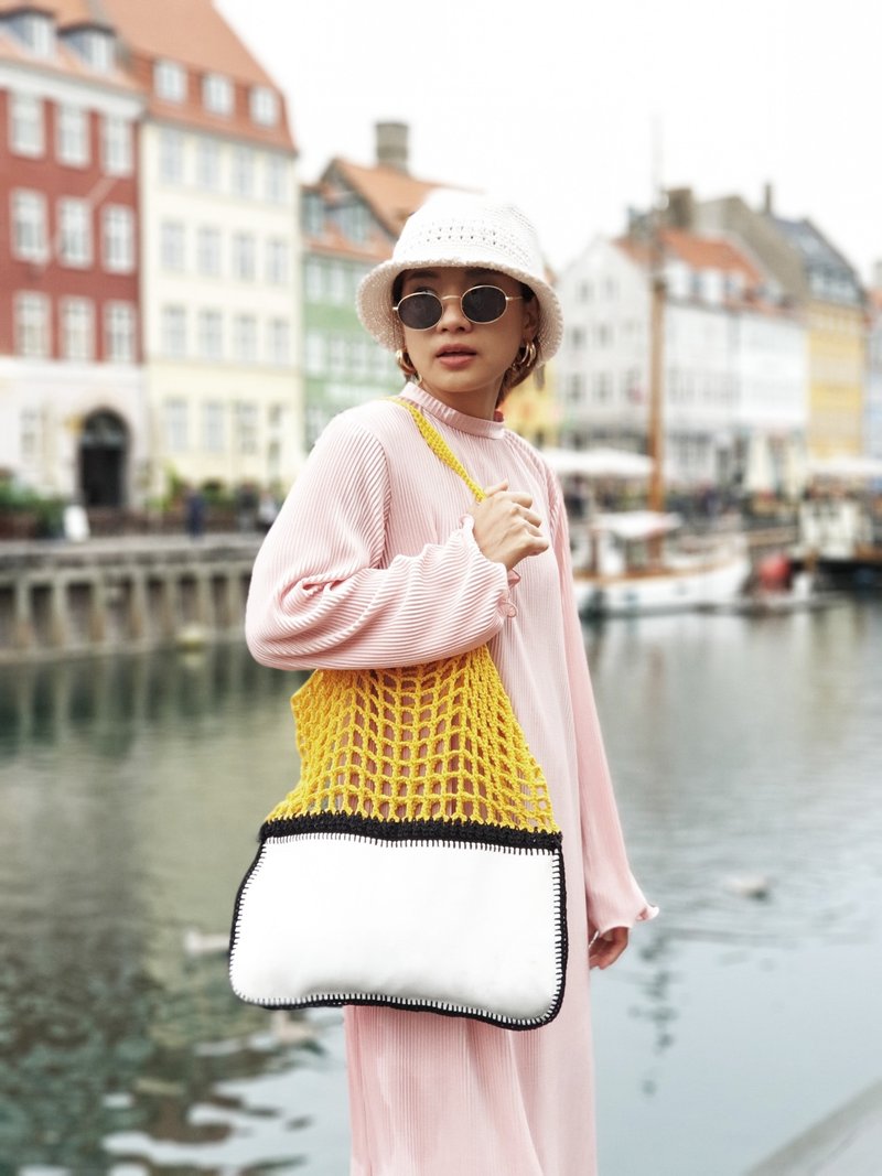 Yellow-White Gradie crochet bag - 手提包/手提袋 - 棉．麻 黄色