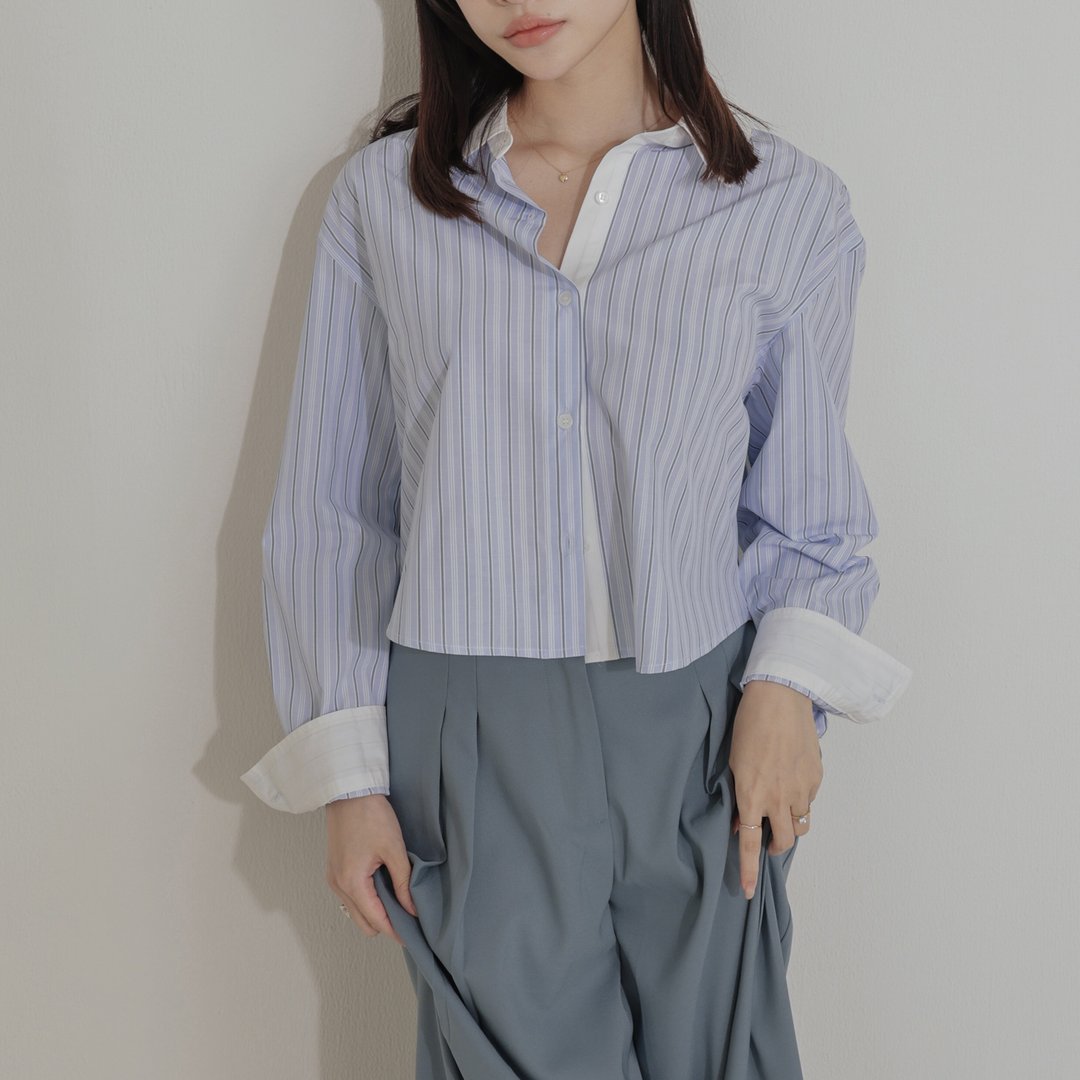 白领-条纹衬衫-蓝色 - 女装衬衫 - 聚酯纤维 蓝色
