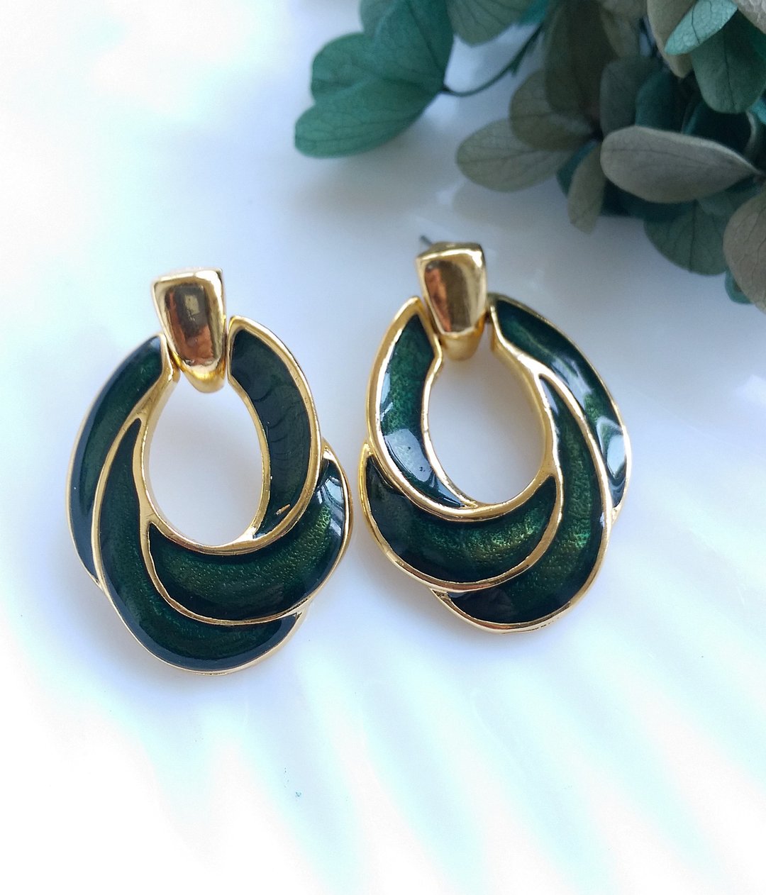 Vintage Jewelry 西洋古董饰品 复古 简约 深绿珐琅 针式耳环 - 耳环/耳夹 - 其他金属 透明