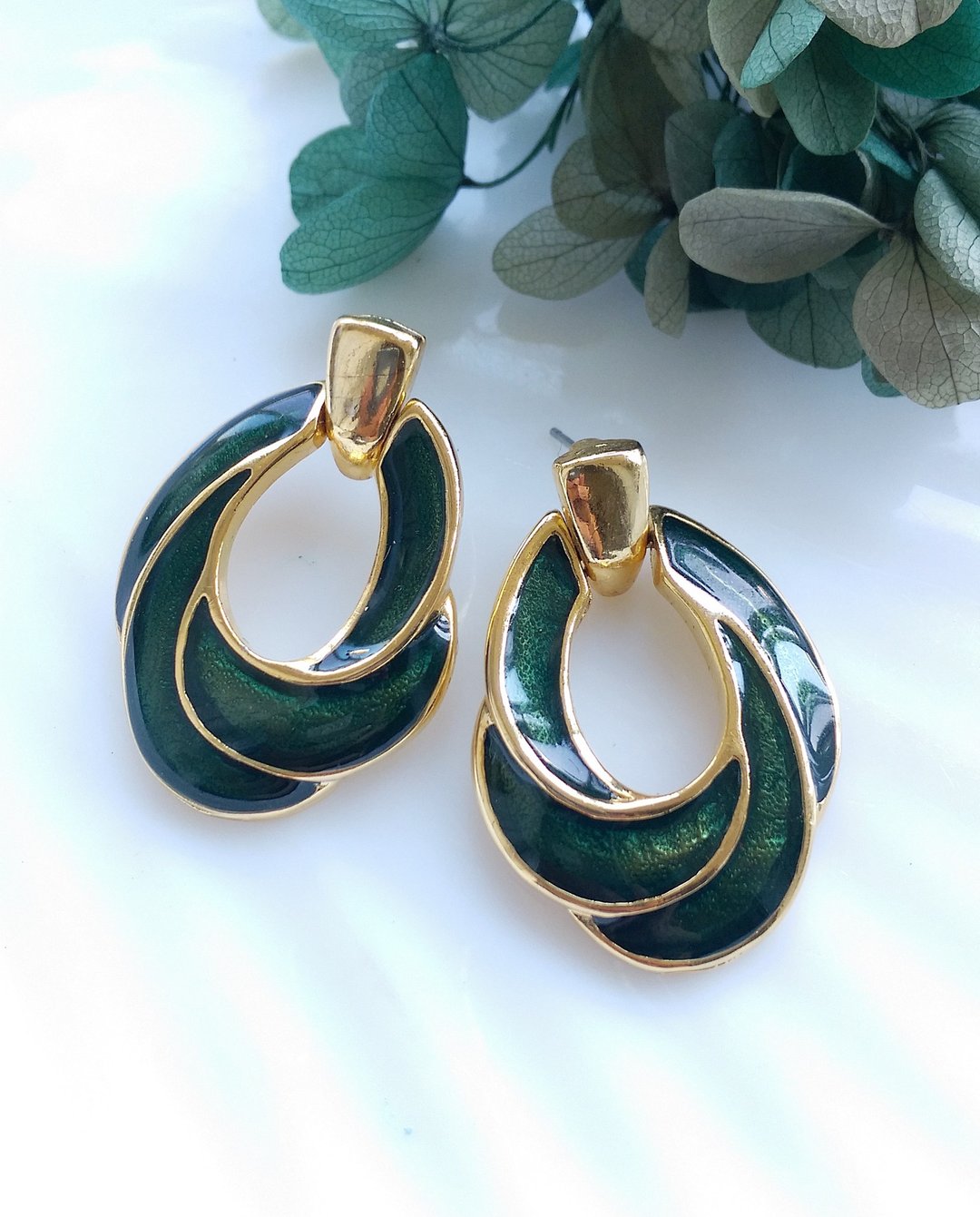 Vintage Jewelry 西洋古董饰品 复古 简约 深绿珐琅 针式耳环 - 耳环/耳夹 - 其他金属 透明