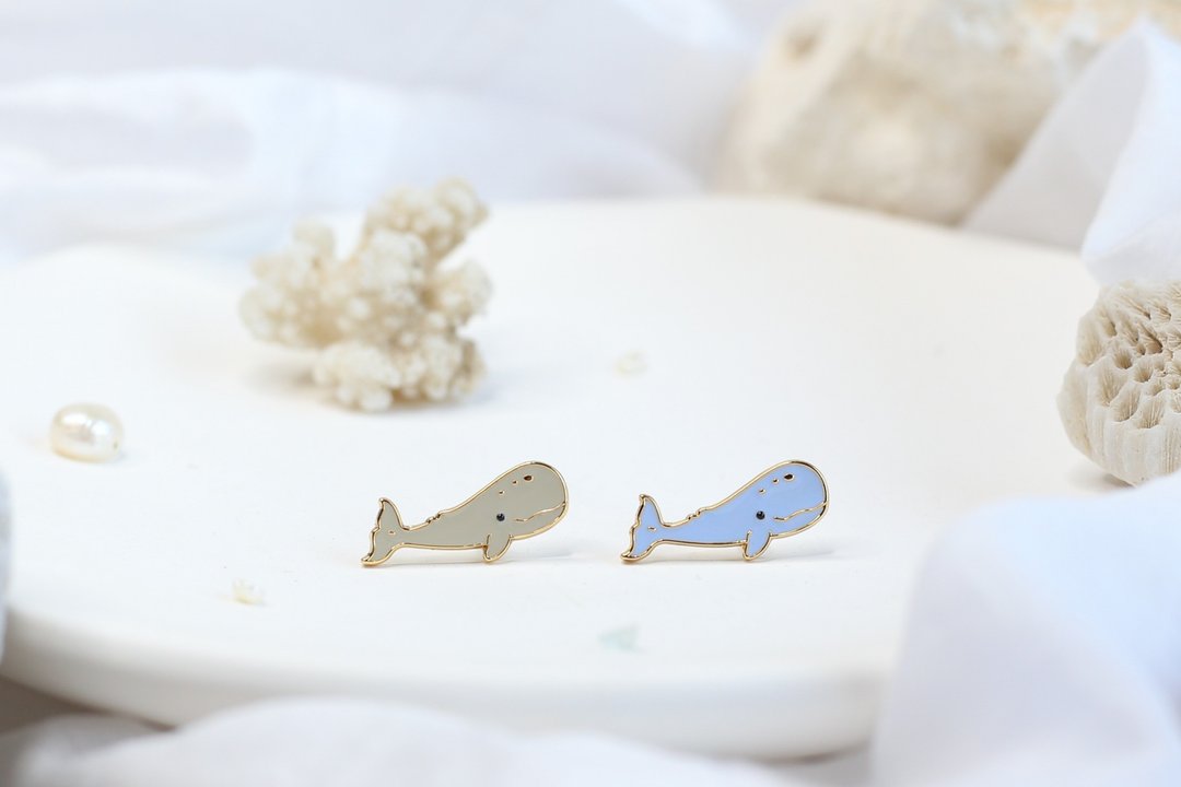 抹香鲸 Sperm whale 海洋生物 夹式耳环 生日礼物 纸盒包装 - 耳环/耳夹 - 珐琅 多色