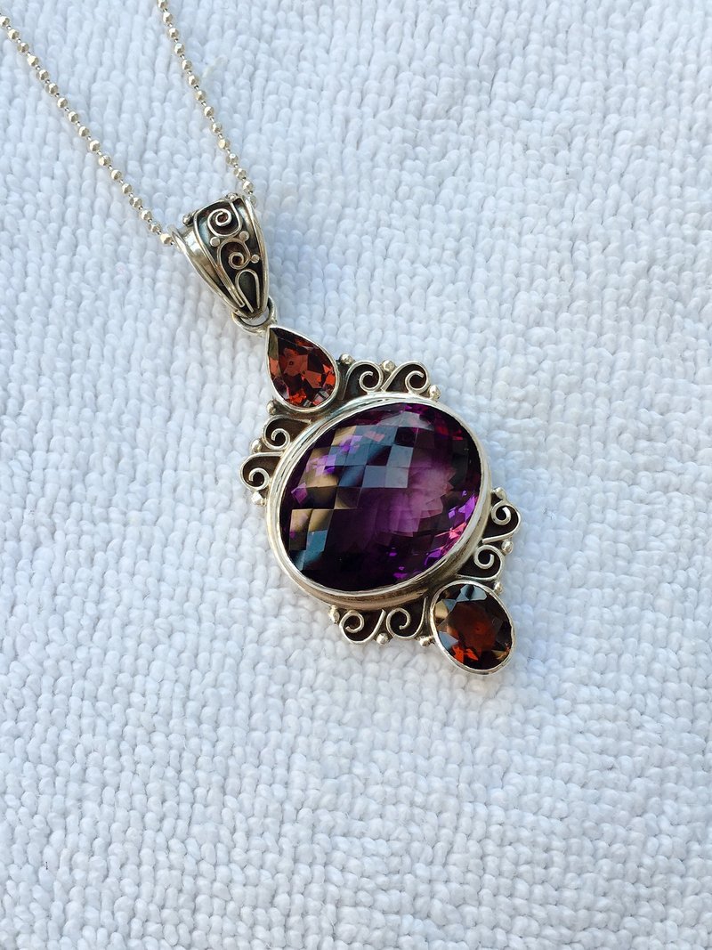 紫水晶 石榴石 坠 尼泊尔 手工制 925纯银 - 项链 - 水晶 