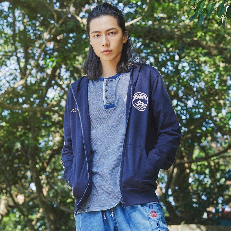 江户胜 日系 男装 经典大LOGO连帽拉T外套(丈青色)#外套 - 男装外套 - 棉 蓝色
