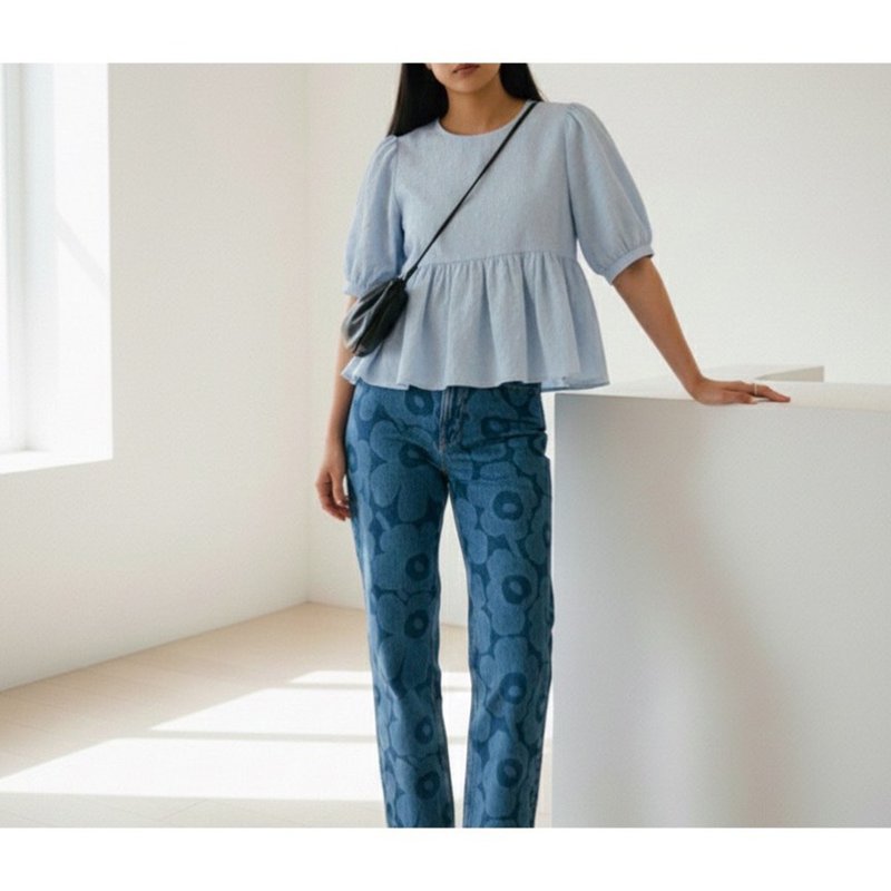 泡泡袖上衣 婴儿蓝棉质 - 女装上衣 - 棉．麻 