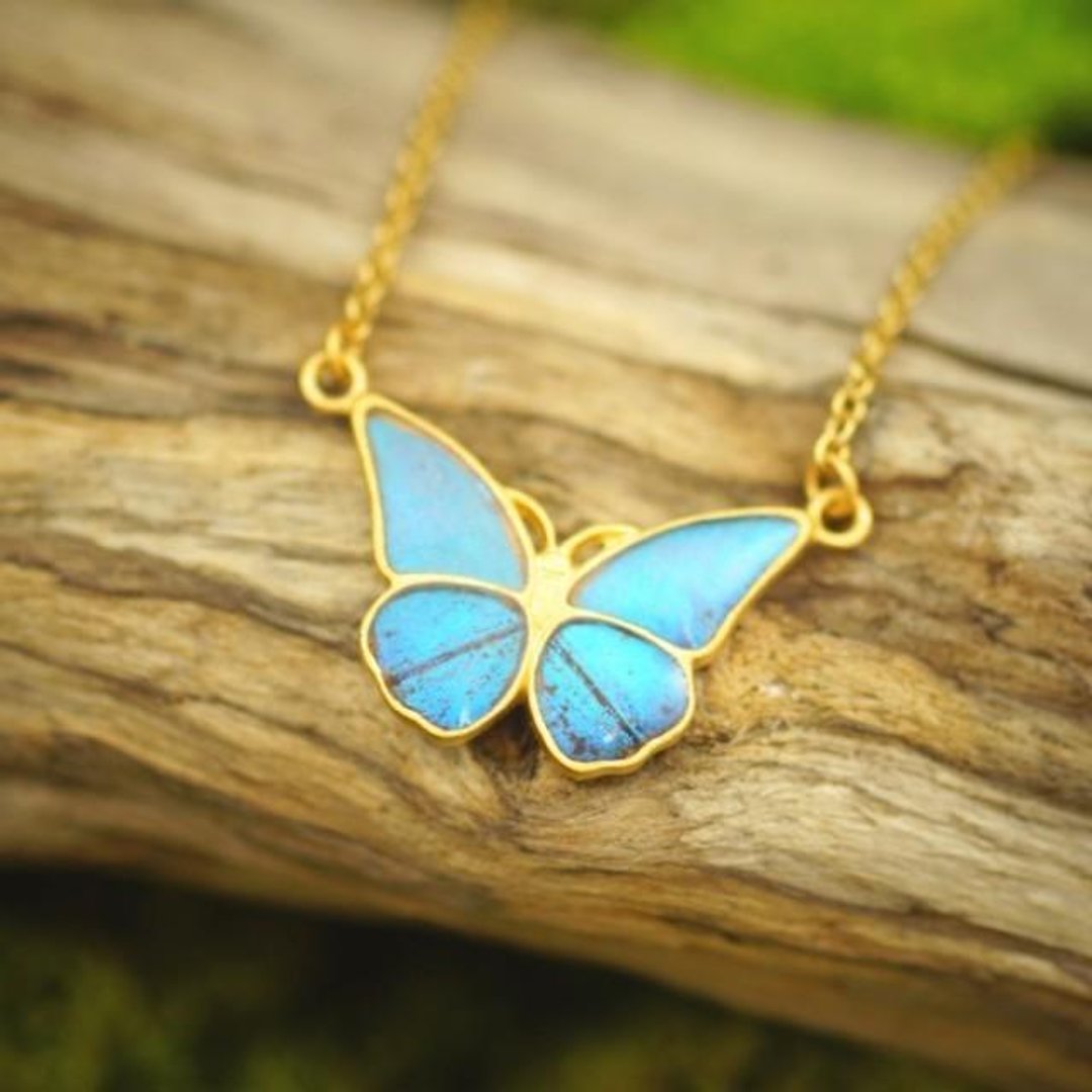 Morpho butterfly small antique pendant straight - 项链 - 其他金属 蓝色