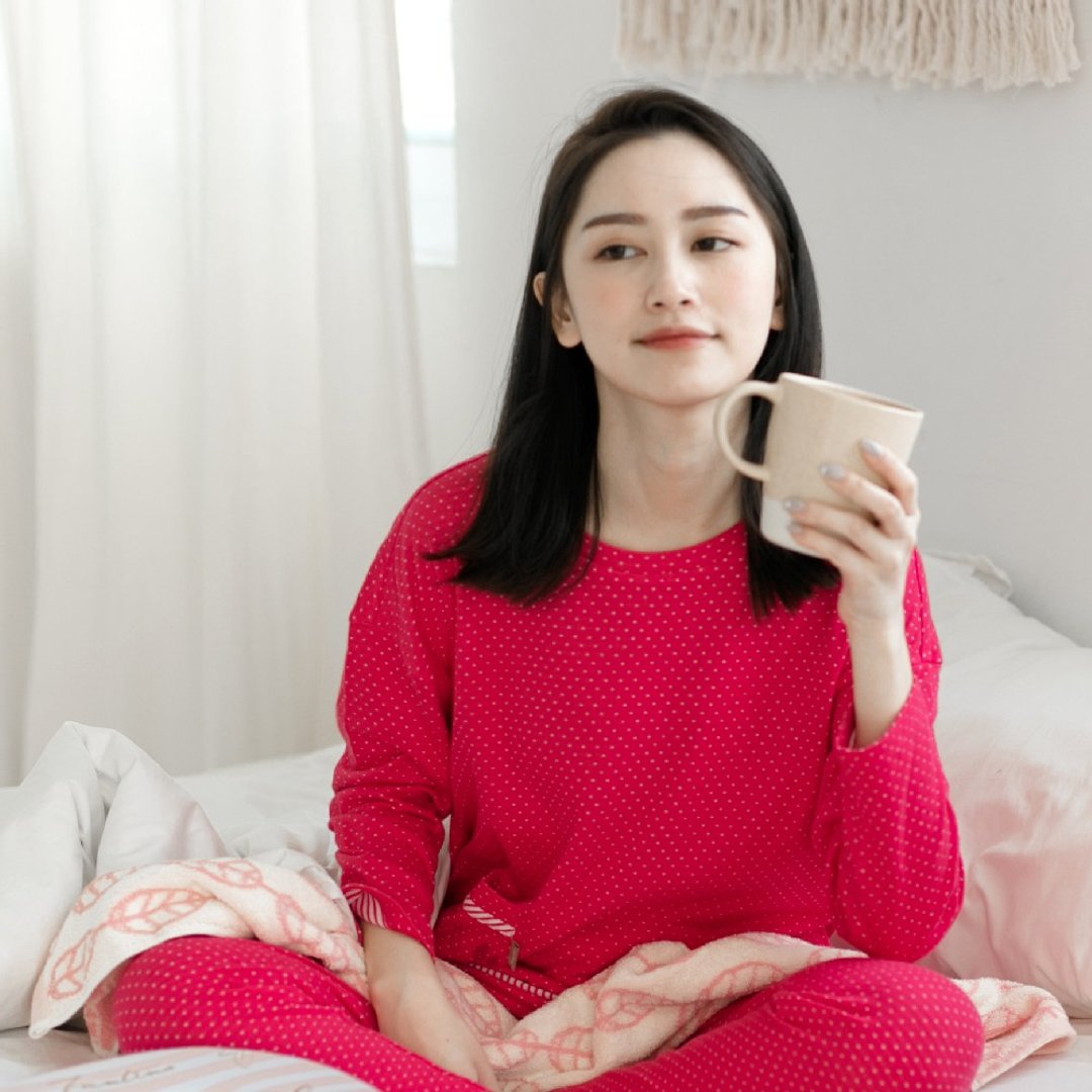 UMORFIL胶原蛋白小波点口袋居家服-红 - 居家服/睡衣 - 棉 红色