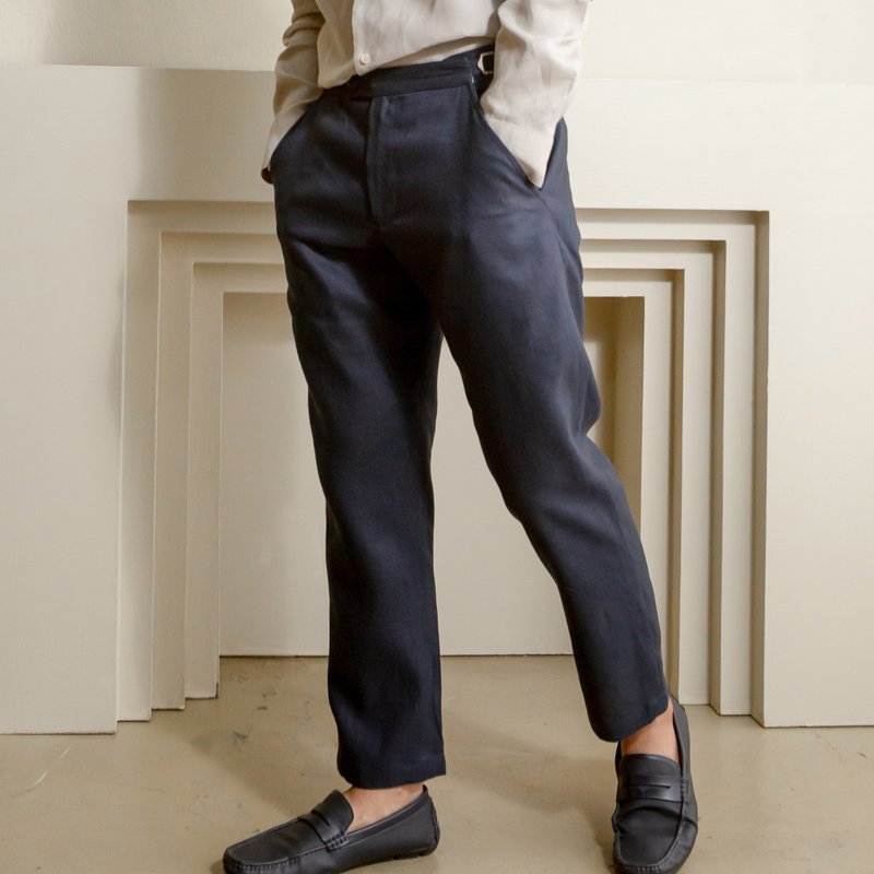 Men's linen trousers, Weekday Solstice, Navy Blue with adjustable waist - 男士长裤 - 棉．麻 蓝色