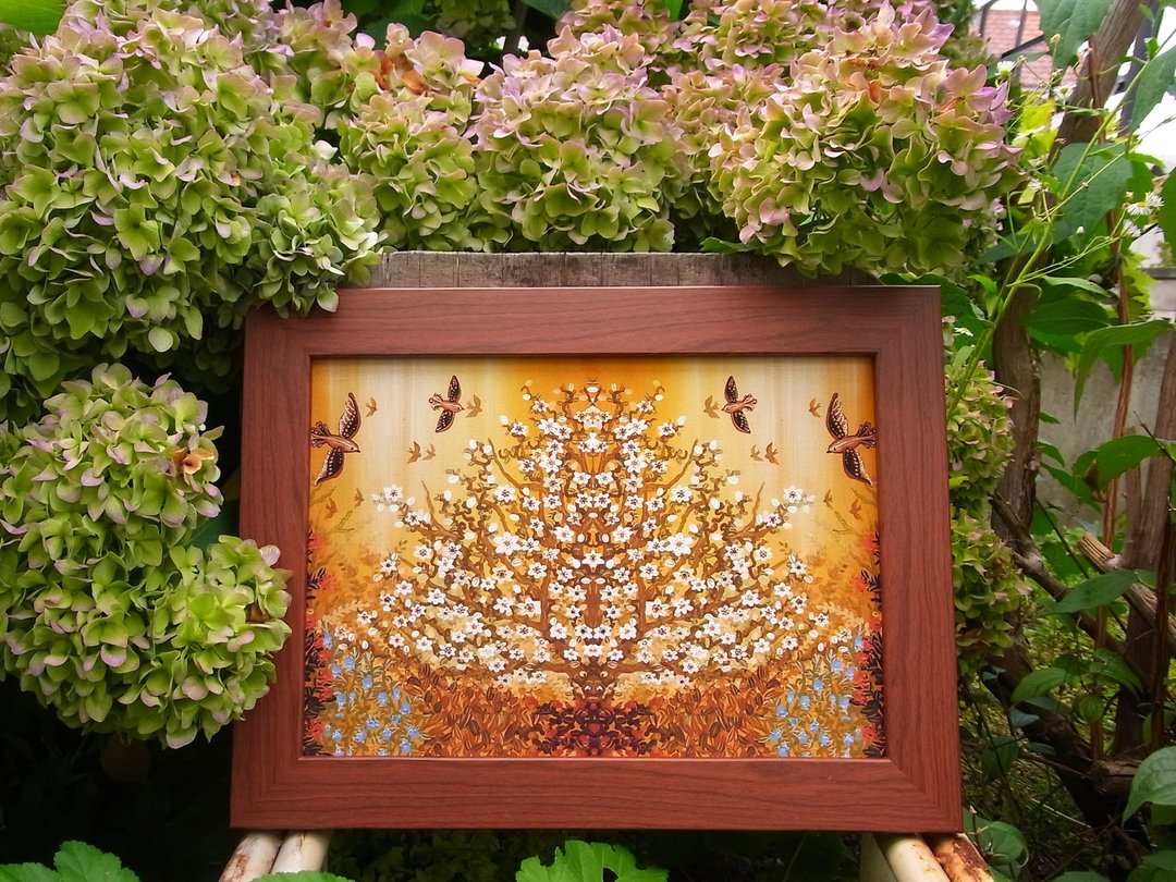 [果园里]棕室内艺术印花小鸟坚果秋季米色植物花 - 海报/装饰画/版画 - 纸 咖啡色