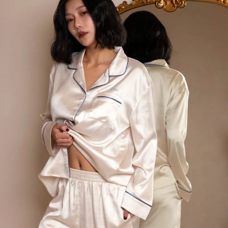 Midnight Luxe 珍珠光拼接质感长袖套装-月光奶白 × 海雾蓝 - 居家服/睡衣 - 其他人造纤维 白色