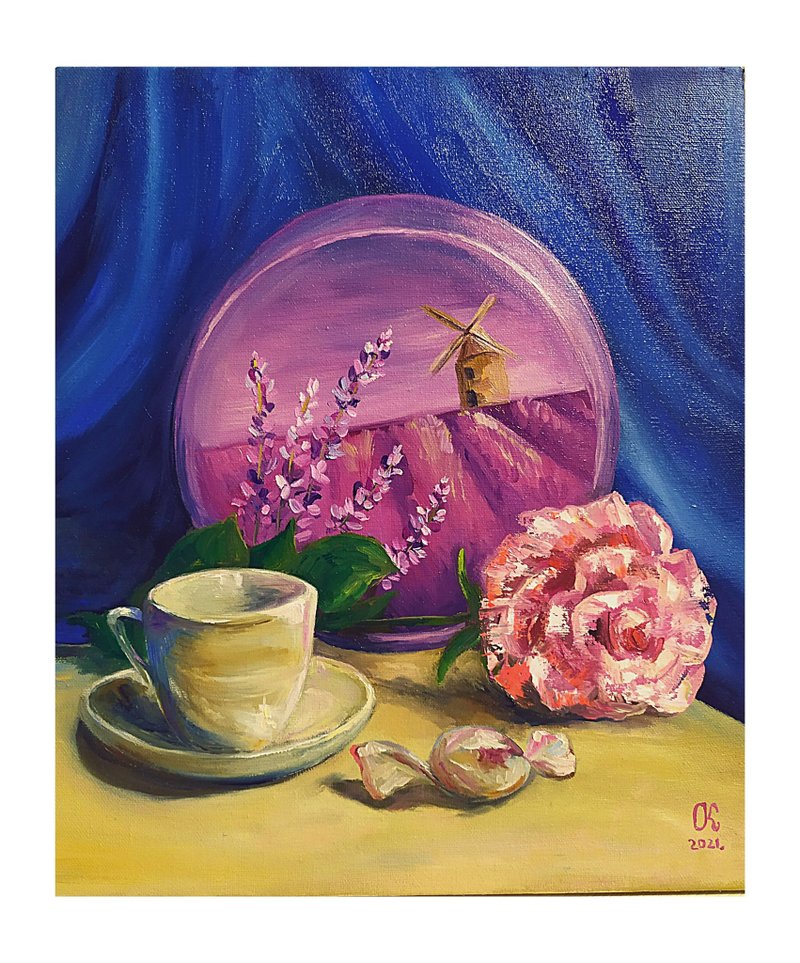 艺术品 油画静物咖啡手工绘画玫瑰墙艺术绘画 - 海报/装饰画/版画 - 棉．麻 多色