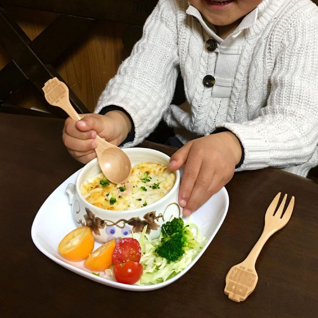 【SPICE】日本 PETIT'S MAMAN 儿童天然木头叉子&汤匙套组-机器人 - 儿童餐具/餐盘 - 木头 多色