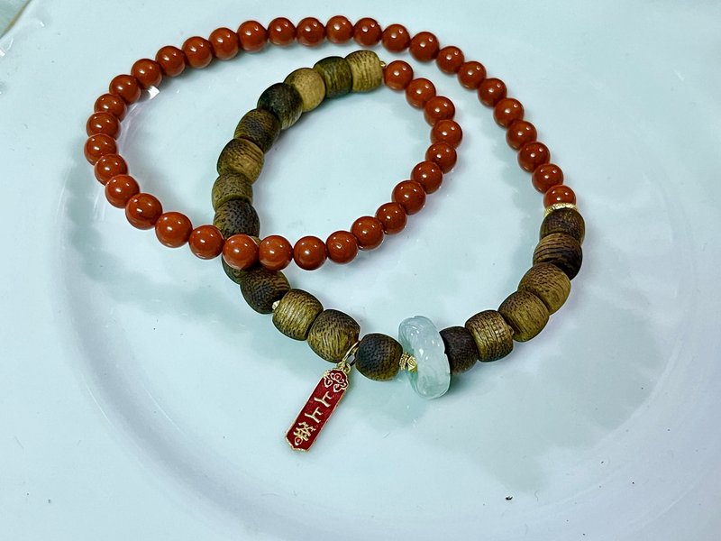 4mm天然原矿南红 翡翠平安扣奇楠纯银上上签设计双圈手串m - 手链/手环 - 半宝石 红色