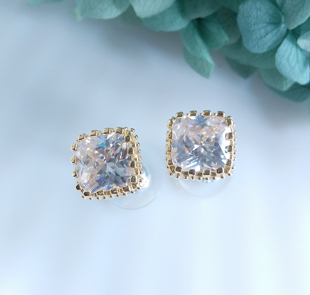Vintage Jewelry 西洋古董饰品 小巧 方钻 针式耳环 - 耳环/耳夹 - 其他金属 透明