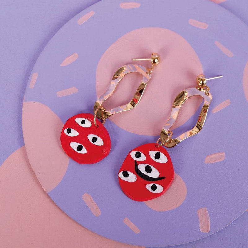 抽象的臉3-軟陶耳環-手工製作 - 耳环/耳夹 - 陶 红色