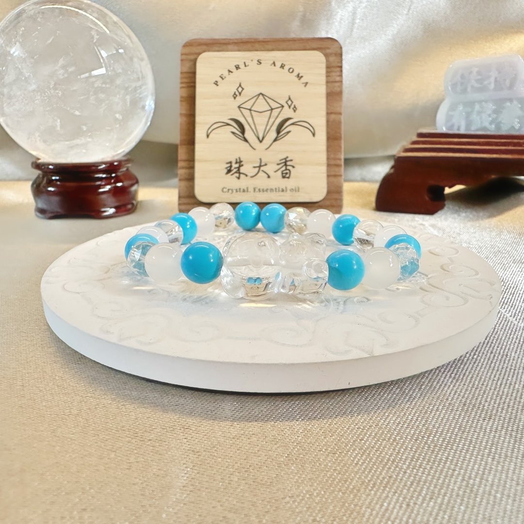 澄蓝之约 蓝蒙古绿松・白水晶・白玛瑙・水晶熊手链 水瓶座星座设 - 手链/手环 - 水晶 蓝色