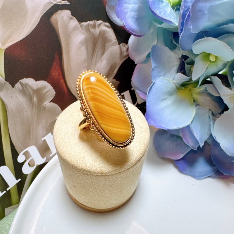 【西洋古董饰品】可微调 美贵族精致雕花线条玛瑙椭圆 戒指 - 戒指 - 贵金属 金色