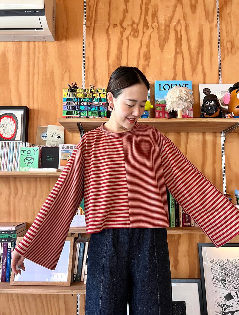 拼接短版复古条纹tshirt - 女装 T 恤 - 棉．麻 红色