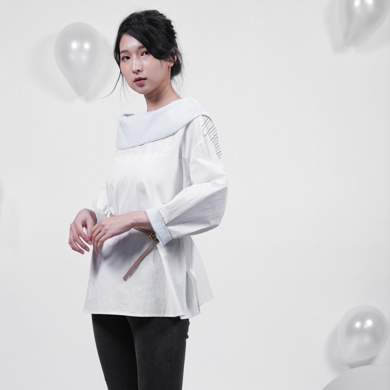 四季款 正反两穿圆环衬衫-条纹白 - 女装上衣 - 聚酯纤维 白色