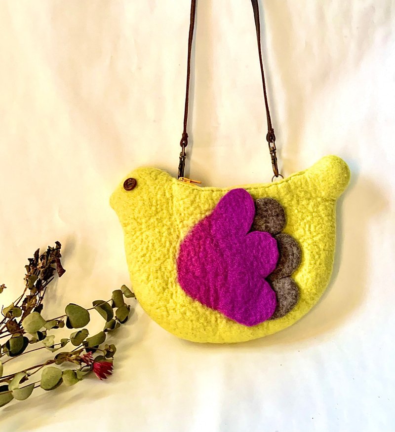缤纷动物小包 - 鸟・银杏 - 化妆包/杂物包 - 羊毛 黄色