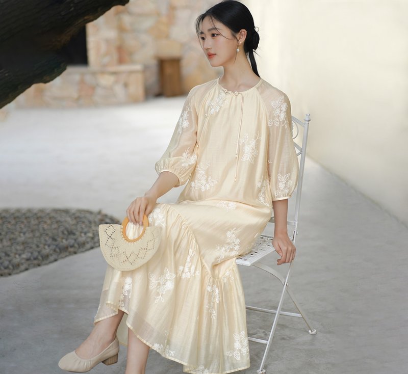 【藕杏色】新中式复古中国风 莱赛尔绣花长裙 - 裙子 - 棉．麻 金色