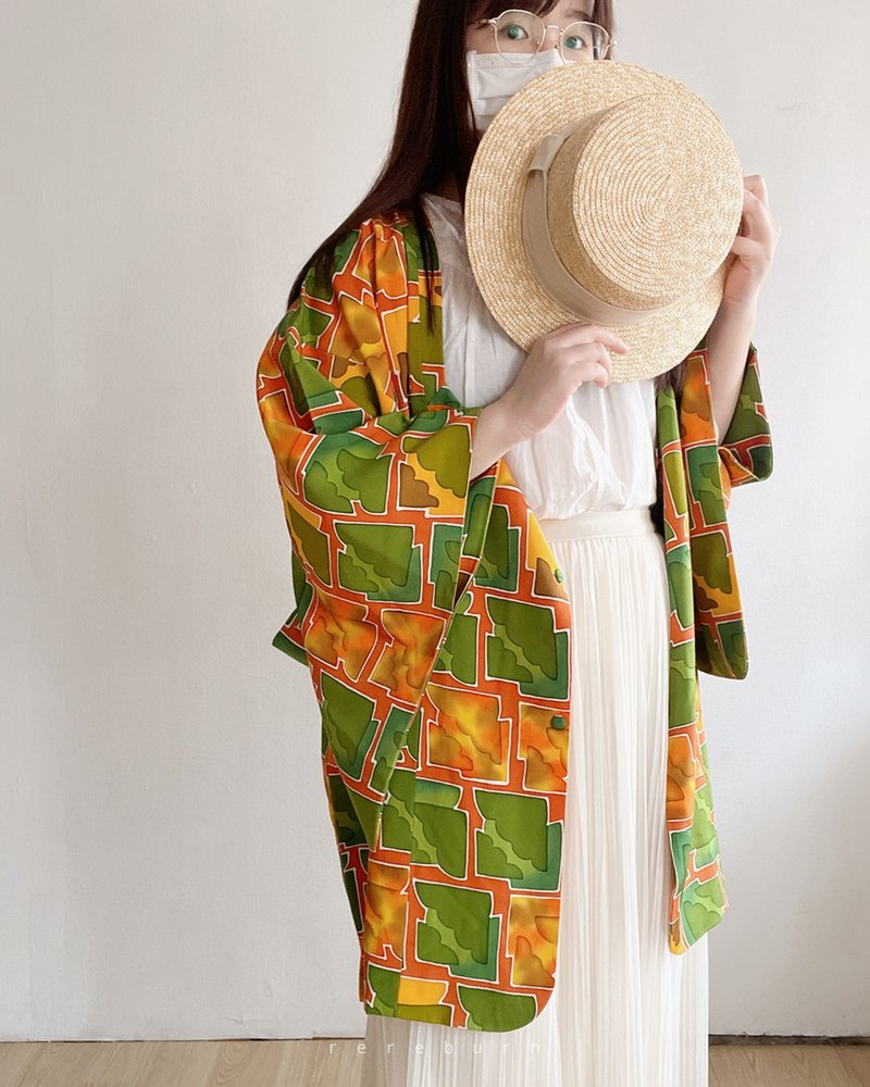 日本制和风水彩渲染印花绿色古着道行羽织和服外套 - 女装休闲/机能外套 - 聚酯纤维 绿色