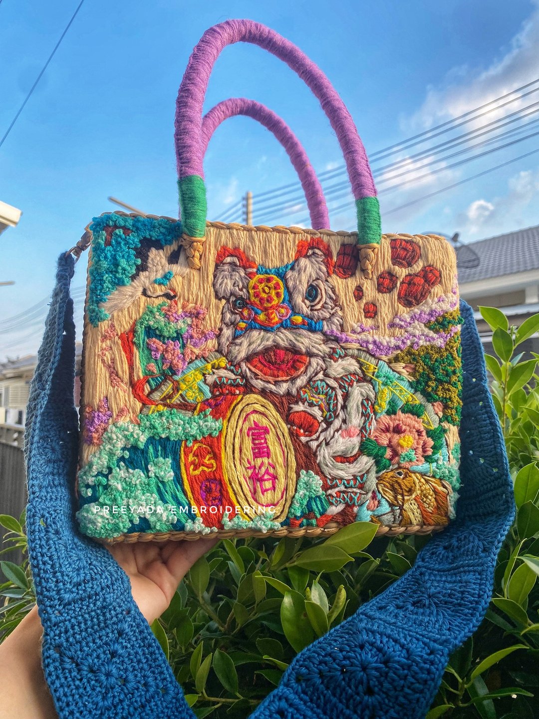 手工刺绣水芙蓉编织包 - 手提包/手提袋 - 绣线 