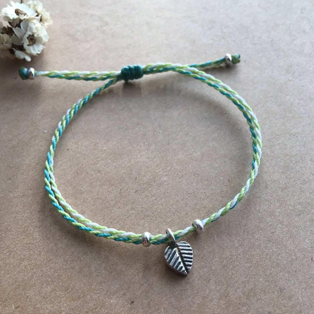 ~米+熊~ 叶子 /祈福 双线手链 / 巴西蜡线 / 纯银 / 编织手链 / 925 silver bracelet / 脚链 - 手链/手环 - 其他金属 绿色