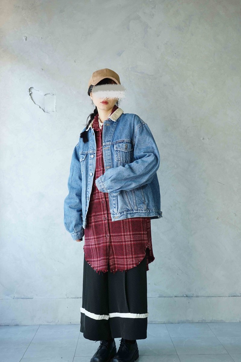 寻宝古着-中性oversize水洗蓝灯芯绒领重磅牛仔外套 - 女装休闲/机能外套 - 棉．麻 蓝色