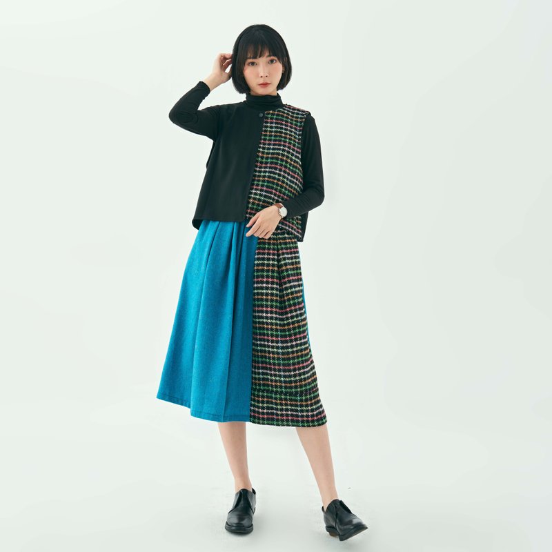 春季新品藍綠黑格子百搭拼接口袋百褶棉質文青大擺雙色半身裙長裙 - 裙子 - 棉．麻 绿色