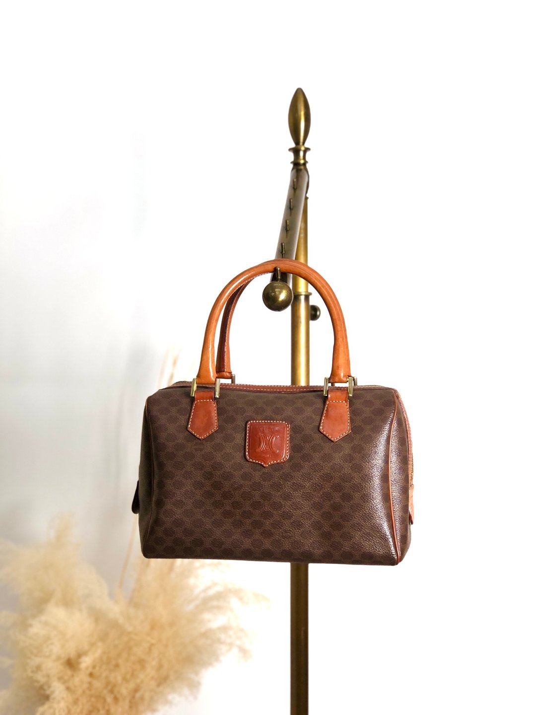 【日本直送 名牌中古包】CELINE  સેલિન Makadam 棕色 Blason 压印 PVC 皮革 迷你波士顿包 vintage 古董 3wak2v - 手提包/手提袋 - 防水材质 咖啡色