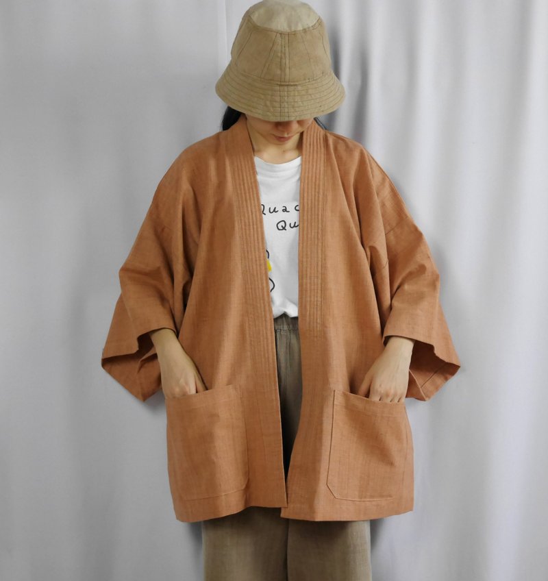 Handwoven cotton fabric kimono (brown - orange) - 女装休闲/机能外套 - 棉．麻 橘色