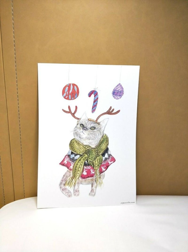 圣诞装饰/圣诞节/猫/挂画/装饰画/海报/装饰画片/居家布置/明信片 - 画框/相框 - 纸 白色