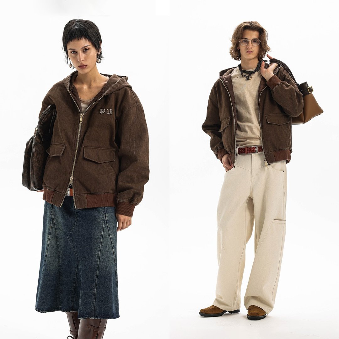 【洗褪工艺】Unvesno(UN)miu系巴恩风复古做旧刺绣连帽棉服夹克 - 男装外套 - 其他材质 