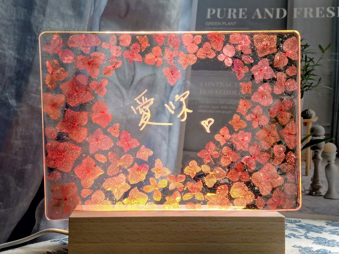 手作押花疗愈LED小夜灯 | 粉色绣球花小夜灯 | 爱的留言板 - 灯具/灯饰 - 树脂 粉红色