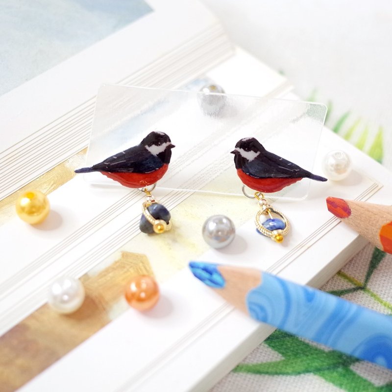 台湾特有种 赤腹山雀 青金石 绘画耳环 耳针/耳夹 - 耳环/耳夹 - 防水材质 多色