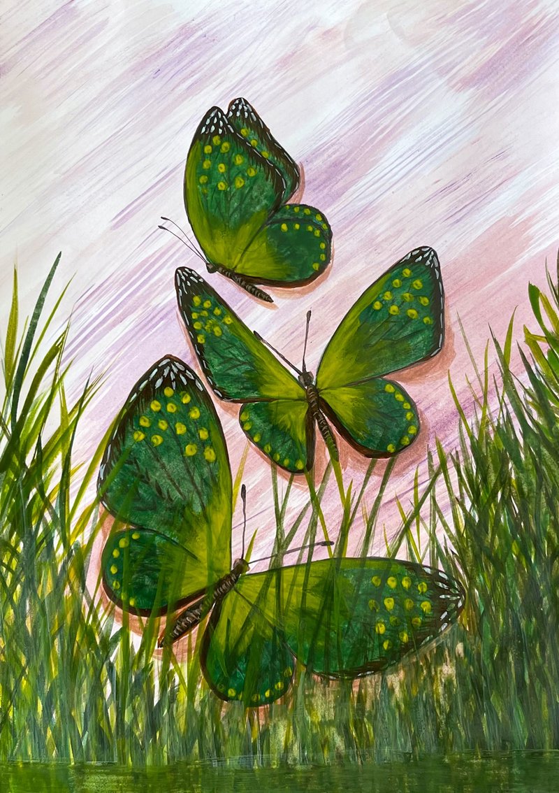 Green butterflies in the marsh grass. Watercolor. - 墙贴/壁贴 - 纸 