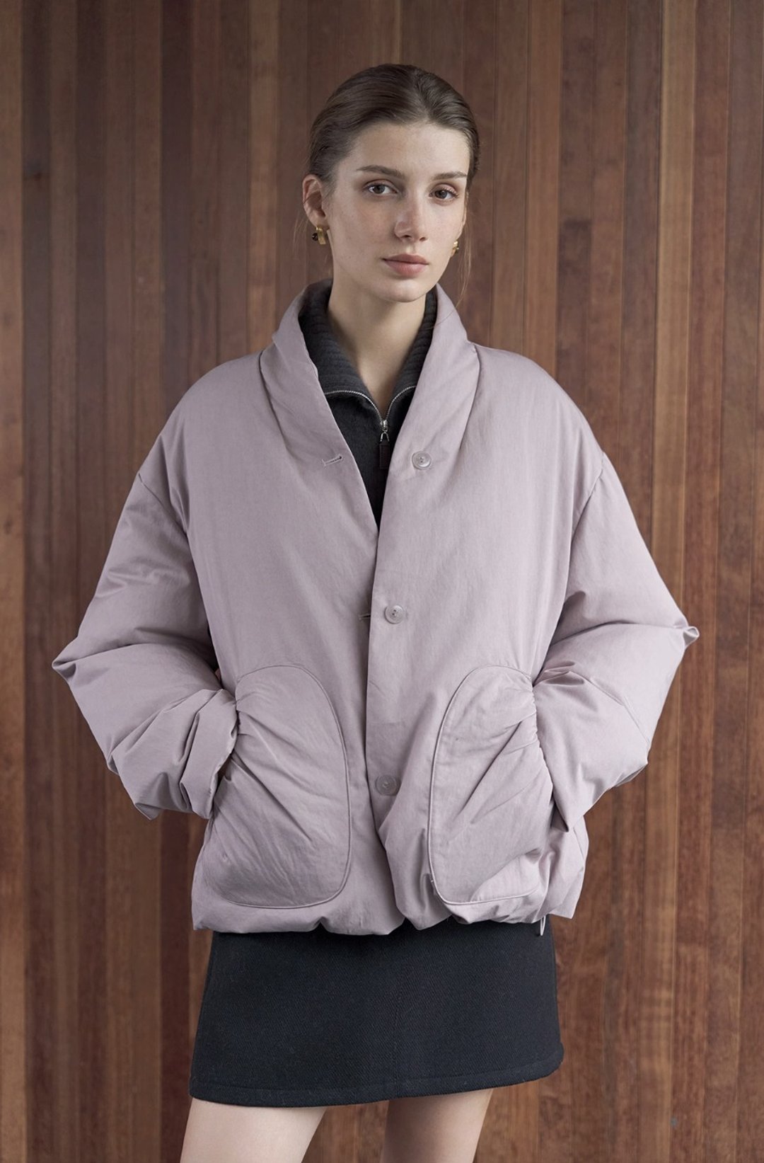 法式极简 霜感莱赛尔棉立领羽绒服外套 - 女装上衣 - 其他材质 